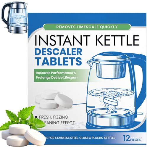 12PCS Kettle Descaler Tablets,Water Bottle Cleaning Tablets,Powerful Limescale Remover for Kettles & Coffee Makers,Glass Cleaner & Water Bottle Cleaner,Effective Descaling Tablets,Fast-Acting