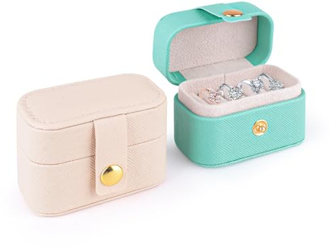 Plushly Lot de 2 boîtes à bijoux de voyage - Mini boîte à bijoux portable - Organiseur avec 4 compartiments - Porte-bagues et boucles d'oreilles - Cadeau pour femme - Rose + bleu