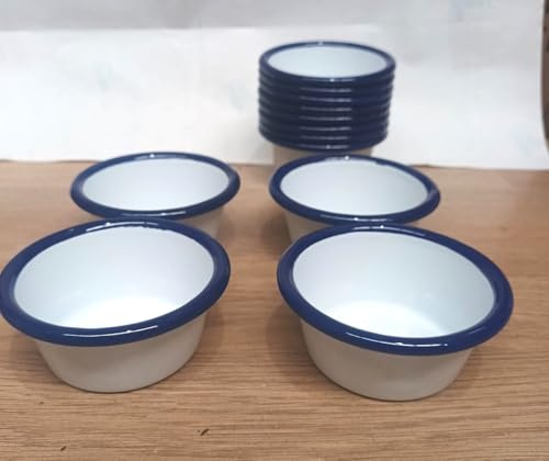 VG Enamel Ramekin White & Blue 3.2oz / 90ml Taper Stackable Ramekins, Dipping Pots, Sauce Pots, Baking Cups,Catering, 8cm Diameter x 3.5cm Height | Oven Safe | Retro | Dine In Style (2)
