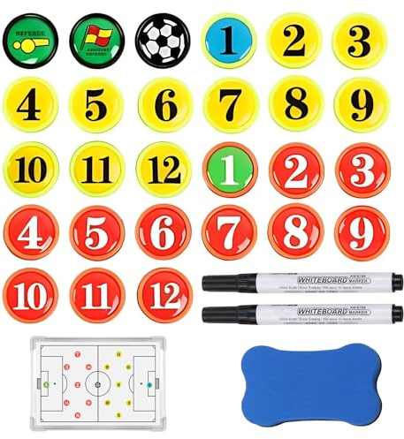 FIQLUL Pizarra Táctica Fútbol Entrenador y Accesorios, Set de 30 Piezas con 27 Imanes Magnéticos, Rotulador y Borrador, Material de Entrenamiento Fútbol para Análisis de Estrategia y Competición