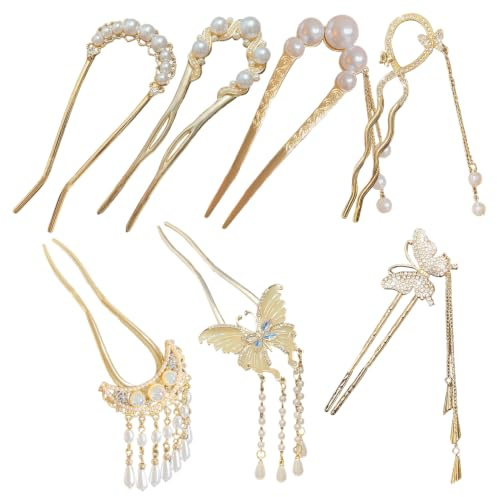 7 bastoncini cinesi per capelli, forcine vintage con perla e fiore, bacchette a forma di U per chignon raccolto, accessori retrò (Oro)