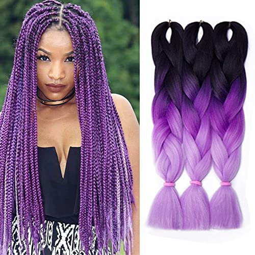 SEGO Treccine Extension Ombre Africane Treccia Finta Capelli Fibre Lunga 60cm Afro Braiding Hair Ombre Colorate Donna Bambina 300g, 3 Fasce/Pack, 52 Nero/Viola Scuro/Viola Chiaro