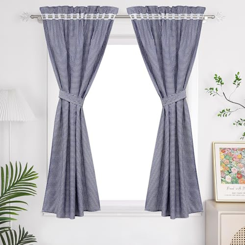 Yujiao Mao Landhausstil Vorhang mit Karo-Muster Stangendurchzug Blickdichte Vorhänge Inklusive 2 Raffhaltern BxH 80x120cm Blau 2 Stück | Landhausstil Vorhang, 2er Set Scheibengardinen mit 2 Raffhaltern, Karo-Gardinen, Stangendurchzug, Küche Wohnzimmer, 2 Stück