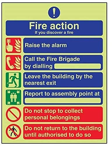 V Safety Glow In The Dark General 6 Message Fire Action Notice Sign - 150mm x 200mm - Self Adhesive Vinyl