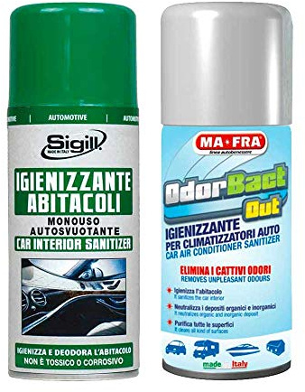 Ma-Fra Set Igienizzante per Condizionatore Auto, Odorbact out 150ml più SIGILL Igienizzante Abitacolo Monouso, 200 ml