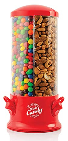 Handy Gourmet The Original Polystyrene Triple Candy Machine - Fun Candy & Nut Dispenser - New & Improved (Red) - 360 Degree and 3 Compartments