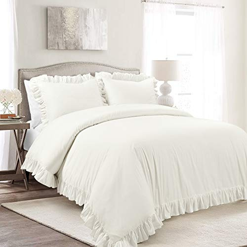 Lush Decor Reyna Ruffle 100% Cotton Duvet Cover Set - 3 Piece Cozy Ruffled Bedding Set - Timeless Elegance and Comfort - King, White