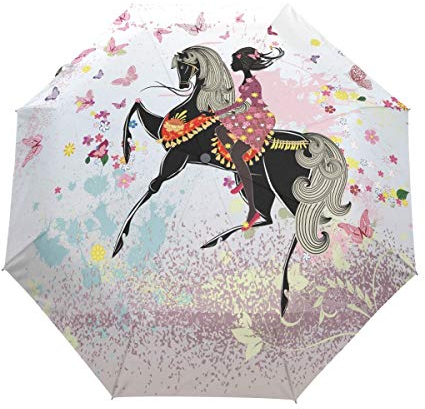 Rosa Pferd Mädchen Regenschirm Auf-Zu Automatik Taschenschirm Winddichter Umbrella Klein Leicht Schirm Kompakt Schirme für Jungen Mädchen Reise Strand Frauen