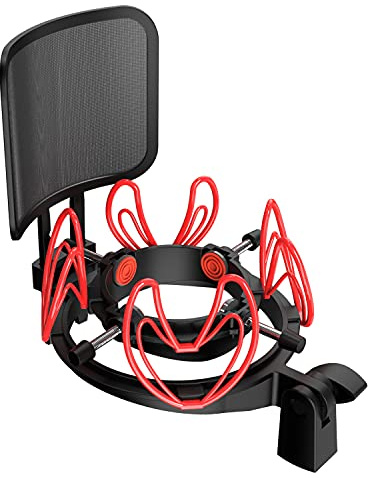 Mictop Universal-Mikrofon-Stoßhalterung mit Pop-Filter für alle Mikrofone mit einer Größe von 21 mm - 62 mm, inklusive Anti-Vibrationsmikrofonhalterung und Pop-Filter (rot)