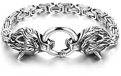 PiercingJak Herren Armband Wikinger Fenris Wolf Armkette Königskette 7mm Breit Edelstahl Wolfskopf Byzantine Chain Armreif Kettenarmband Nordisch Keltischer Biker Schmuck für Männer, 22cm