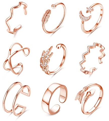 Milacolato 9cs Ringe für Damen,Verstellbare Ringe Set,Herz Stern Mond Schmetterling Blatt Ring Set,Offener Fingerring Daumen Ring Set für Frauen Mädchen Schmuck Roségold