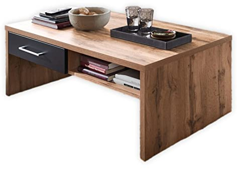 Stella Trading SONATE Couchtisch in Eiche Altholz Optik, Schwarz - Geräumiger Sofatisch mit Schubladen und Ablage für Ihr Wohnzimmer - 110 x 40 x 64 cm (B/H/T)