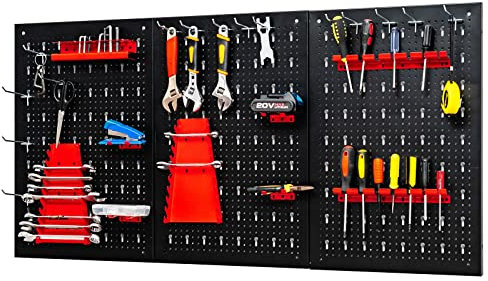 TANGZON Pegboard Wall Organizer Kit, Wall-Mounted Metal Tool Rack Organizer, Multifunctional Perforated Tool Storage Holder for DIY Garage Workshop (with 3 Pegboards&25 Hanging Accessories,Black+Red)