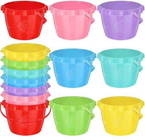 Lenwen 14 Pcs 5.51 Inch Water Bucket for Kids Mini Sand Buckets Plastic Small Bucket with Handles Bright Colored Toy Sand Pail for Beach Candy and Play Pool Gift Party, 7 Colors