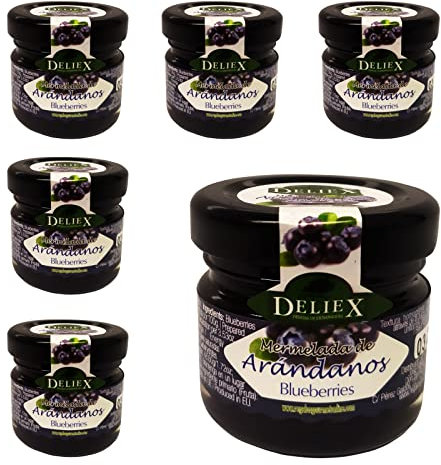 Deliex delicias de Extremadura. 60 Mermeladas pequeñas sabor arándanos. Miniaturas de mermeladas en cristal 30 gr detalles a invitados en bodas, comuniones, bautizos (Arándanos, 60 Tarros)