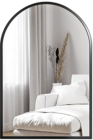 Dripex Rundbogen Wandspiegel 50x75cm mit Aluminiumrahmen,dekorativer HD Wandspiegel Schminkspiegel für Badzimmer/Ankleidezimmer/Wohnzimmer,unbrechbarer Spiegel (Schwarz)
