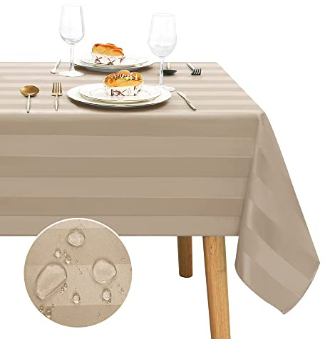 JIUZHEN Mantel de Mesa Impermeable Antimanchas con Efecto Loto, Mantel Caqui a Rayas para Exterior y Jardín, Lavable, Tamaño Rectangular 110 x 140 cm