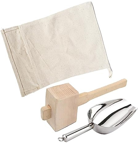 Xiaokeis Lewis Bag and Mallet Crusher, Wood Hammer and Lewis Bag for Crushed Ice, Wooden Mallet Bar, Reusable Canvas Crushed Ice Bags with Wooden Mallet for Home Party Bar Ice Crushing