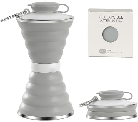 TAIANJI botella de agua plegable deportiva de silicona de 500 ml, taza de viaje sin olor, con mosquetón, color gris