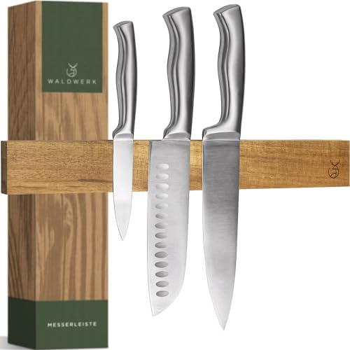 WALDWERK Magnetleiste Messer (40x5cm) - Magnetleiste aus edlem Akazienholz - Messerhalter magnetisch für schwere Messer - Messer Magnetleiste zum Kleben oder Schrauben - Magnet Messerhalter
