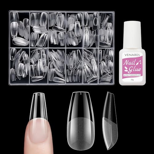 Künstliche Nägel Tips Set Kurz, Venares 500 Stück Mittlere Sarg Tips für Gelnägel Set 10 Größen Nagel Tips Set mit Kleber, Full Cover Nail Tips Pre-buff, Vorpolierte Weiches Gel Tips Nägel