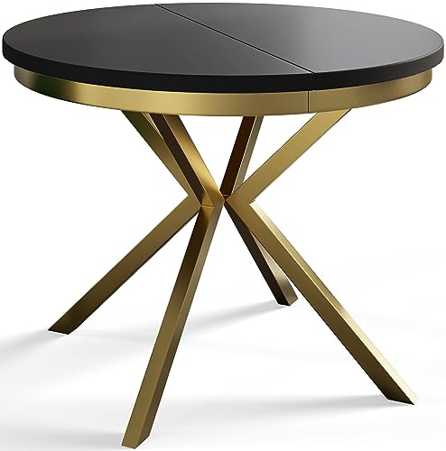 AlpiMeble Esszimmertisch BERGO, Durchmesser: 90-170 cm, Schwarz, Gold Beine | Runder Tish, Ausziehbarer Tisch, Wohnzimmertisch mit Metallbeinen