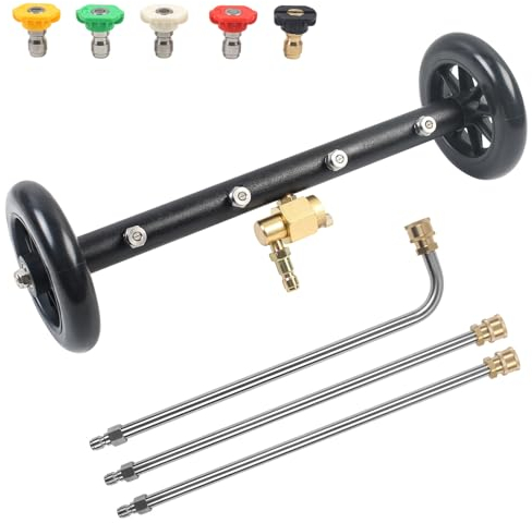 MaxAwe Wasserbesen für Hochdruckreiniger, 16 Zoll Dual-Funktions-Unterbaureiniger, Unterboden Auto Waschwasser Besen mit 4 Düsen, 4000 PSI Fahrwerk Reiniger mit 3 Stück Verlängerungsstab