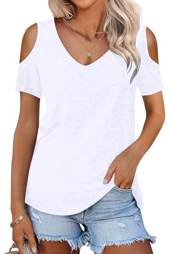 WNEEDU Camisetas Manga Corta Mujer Verano Blusas Cuello V Elegante T-Shirt | Cold shoulder top, basicas, casual