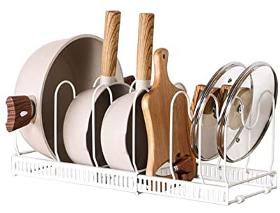 SUJOSAJU Pan Organiser Rack Expandable Pot Lid Organizer Rack Kitchen Pot Pan Holder with 7 Adjustable Compartments for Cupboard Cabinet Pantry