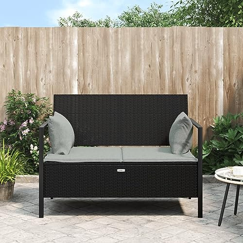 Homgoday Gartenbank 2-Sitzer mit Kissen Sitzbank mit Stauraum Rattanbank Ruhebank Terrassenbank Balkonbank Bank mit Rückenlehne Gartenmöbel für Balkon Garten Terrasse Schwarz Poly Rattan