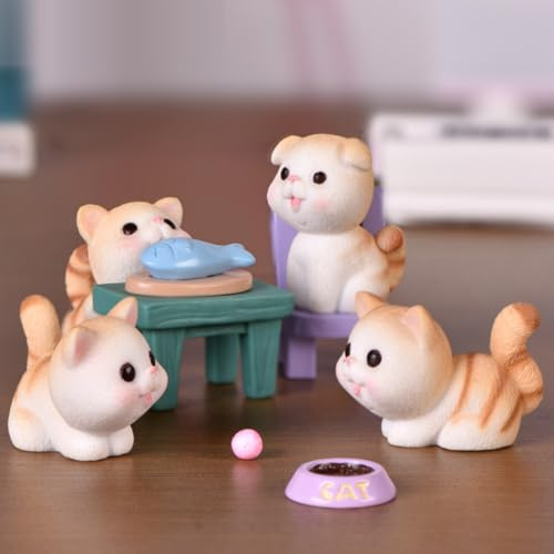 KARLOR Lot de 5 mini figurines de chaton coquin, petite chaise orange pour chat, gamelle miniature en résine, décoration de jardin