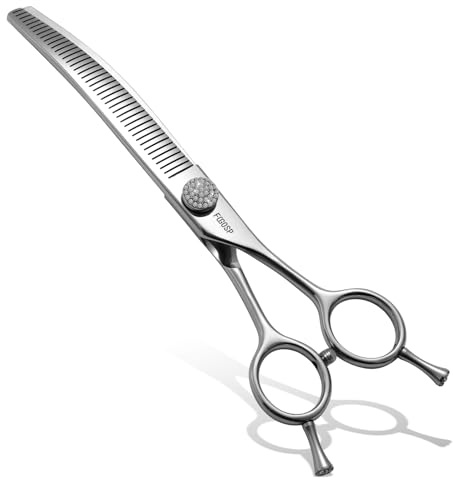 FOGOSP Professional Curved Comb Thinner Dog Grooming Scissors 7'' Curved Thinning Shears for Dogs Pet 56 Teeth 50% Thinning Rate Japan VG10 Sharp and Smooth Right Handed