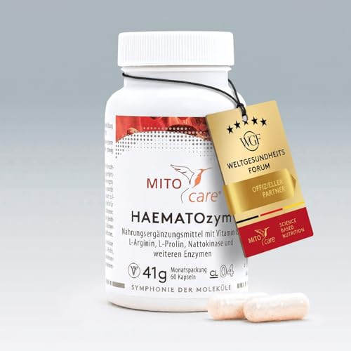 MITOcare HAEMATOzym - Nattokinase Komplex - hochdosiert 1,4 mg pro Kapsel + Papain & Bromelain - Arterien & Blutgefäße Support - vegan -Monatspackung mit 60 Kapseln - Produziert in Deutschland