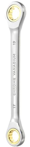 sourcing map Double Box End Ratcheting Wrench 17mm x 19mm Metric 72 Tooth Ratchet Gear Spanner Tools CR-V Black Nickel Plating Dual Box End Ratcheting Wrench for Repairs
