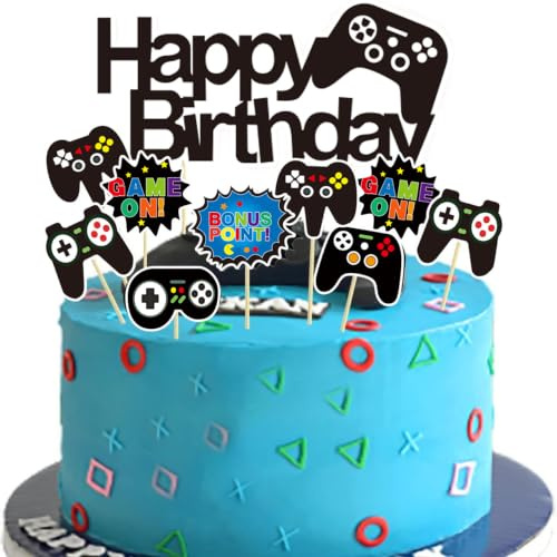 Video Game Cake Toppers, 13 pcs Glitter Video Game Happy Birthday Cake Decorations Gaming Theme Cupcake Topper for Boys Kids Gaming Birthday Party Supplies