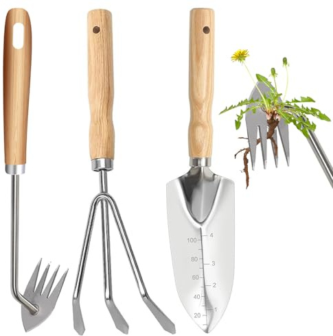 Hhaoysogd Gartenwerkzeug Set, 3 Teiliges Gartenhandwerkzeuge Klein Garden Tool Set mit Edelstahlschaufeln Unkrautstecher Harke für Pflanzen, Unkrautjäten, Rasenflächen und Gartenarbeit