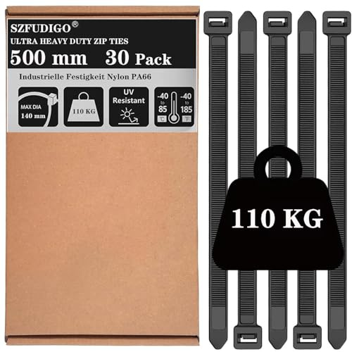 SZFUDIGO Kabelbinder Schwarz 30 Stück,12x500 mm 110KG UV Beständig Großer Kabelbinder,für Kabelmanagement (schwarz, 500mm)