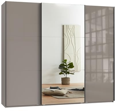 Schwebetürenschrank 3-türig B250/H216/T65 cm Sand Grau, Glasfront, Spiegel, schwarze Griffleisten, inkl.Selbsteinzug, Kleiderschrank m.Einlegeböden, Kleiderstangen, Schubladen, Wäscheeinteilung/ 22034