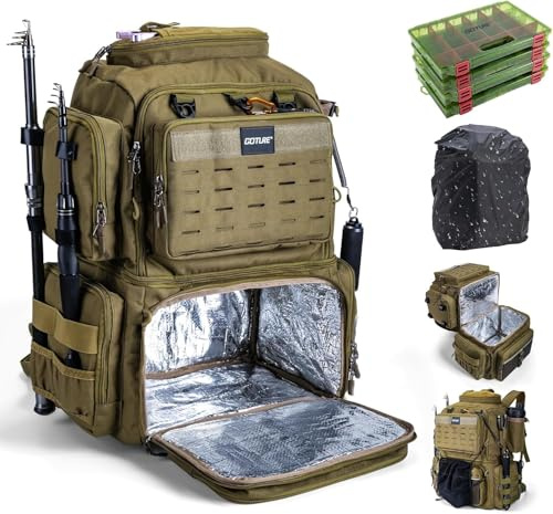 Goture Angelrucksack 53L, 4 Köderboxen, 2 Rutenhalter, Regenschutz | Wasserabweisend, verstellbares Hauptfach, 2 Rutenhalter, 8 Ködertaschen – ideal für Angelausflüge & Reisen