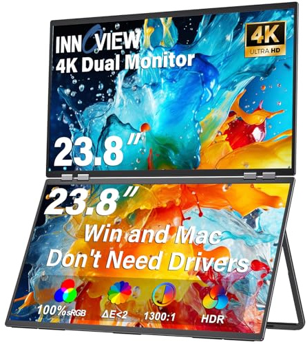 InnoView Doppio monitor portatile da 23,8 pollici, 100% sRGB 3840 x 2160P, 4K 315°, regolabile, doppio impilato, pieghevole, prolunga di visualizzazione con HDMI/USB-C/DP per laptop Windows Mac