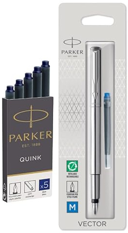 Parker Vector Füllfederhalter, Edelstahl mit Chromverzierung, mittlere Feder, blaue Tinte mit extra blauen Quink-Tinten