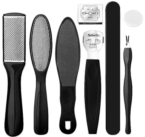 Foot File Pedicure Set - 8 in 1 Hard Skin Remover Kit for Dead Skin & Calluses Foot Care Tools for Men & Women, Home Spa Use (Black)