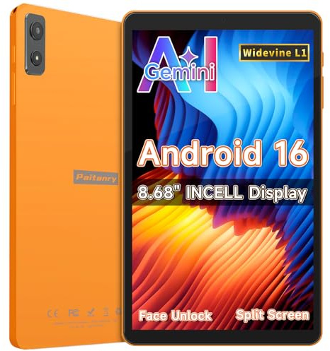 paitanry Android 16 Tablet 8,7 Zoll, 4G LTE Tablet mit SIM, WiFi 5, 16GB RAM + 64GB, bis 2TB, Widevine L1, Gemini AI, GPS, Face Unlock, 6000mAh Akku