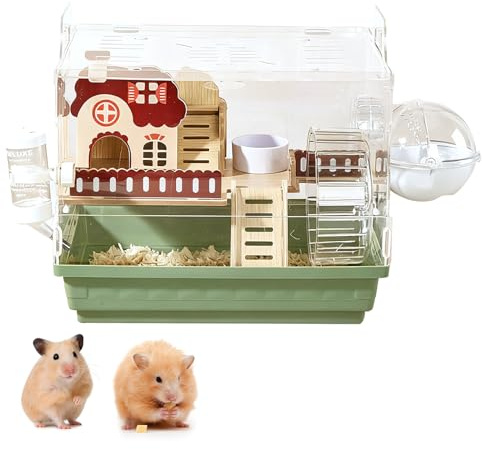 Gabbia per criceti 8 in 1 in acrilico, design da giardino, 35 × 26 × 32 cm, trasparente, a più piani, con villa in legno, girante, tunnel, borraccia, vasca da bagno e accessori da gioco (1 livello)