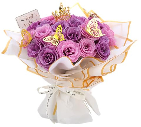 36 Stück Glitzer-Rosenstrauß, Glitzer Rosen Bouquet, künstliche Rosensträuße, DIY künstliche Glitzer-Blumensträuße mit Krone für Valentinstag, Hochzeit, Verlobung, Geburtstag (Helllila und Hellrosa)