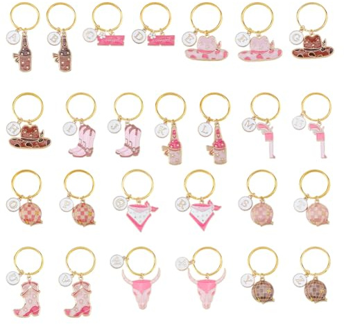 SUPERFINDINGS 26Pcs 13 Styles Western Cowgirl Keychain Cowboy Boot Hat Keychain Western Theme Bag Purse Charms Pink Alloy Enamel Charm with Iron Rings for Party Wedding Christmas Favors Gifts