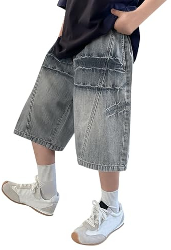 Generisch Short en jean décontracté pour garçon avec structure plissée, taille élastique, confortable au quotidien, pour enfants de 4 à 14 ans, avec baskets, gris, 11-12 ans