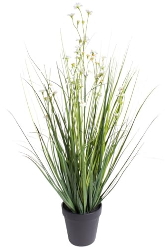 Botanic-Haus künstliches Grasarrangement (Kunstgras/künstliches Gras) im schwarzen Kunststofftopf mit weißen Blüten, Farbe grün, Höhe ca. 68 cm