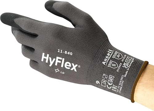 Ansell HyFlex 11-840 Professional Work Gloves, Abrasion Resistant Nitrile Coating with Firm Grip, Multipurpose Protection Gloves, Mechanical and Industrial Safety, Black, Size XL (5 Pair) (Pack of 5)