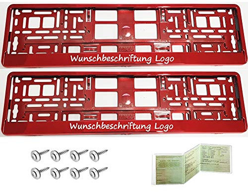 2 Stück Kennzeichenhalter ROT CHROM mit WUNSCHTEXT Beschriftung Werbung BEDRUCKT